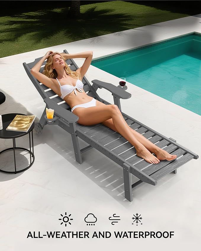 Carauci Lounge Chair Outdoor Set of 4, HDPE Chaise Lounge with Wheels, 5-Position Adjustable Backrest & 2 Cup Holders Patio Lounge Chair, All-Weather Pool Sun Lounger for Poolside, Backyard, Grey