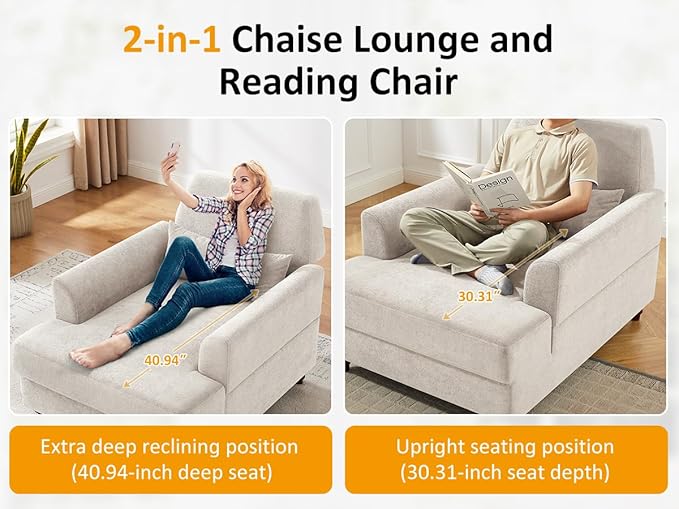 Oversized Chaise Lounge Chair Set of 2, Cloud Fluffy Chaise Sofa Recliner with Adjustable Backrest, Comfy Upholstered Sleeper Couch Bed, Modern Deep Seat Reading Armchair for Living Room, Bedroom