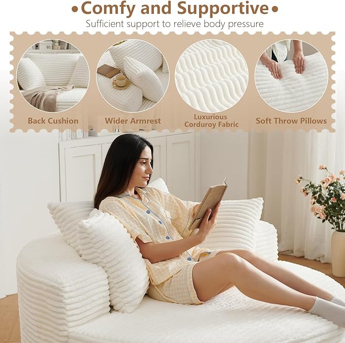 Oversized Round Chair Lounge Chaise Indoor, Upholstered Corduroy Deep Seat Cloud Large Circle Sofa Chair, No Assembly Required, Fluffy Modern Sleeper Sofa Bed for Reading, Living Room, Bedroom, White