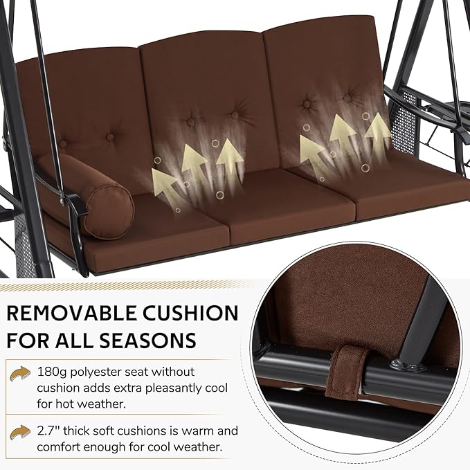 U-MAX 3-Seat Porch Swing Chair Steel Frame, Patio Swing Chair with Stand and Removable Cushions, Outdoor Canopy Swing Chair for Outside, Backyard, Garden, Brown Cushion