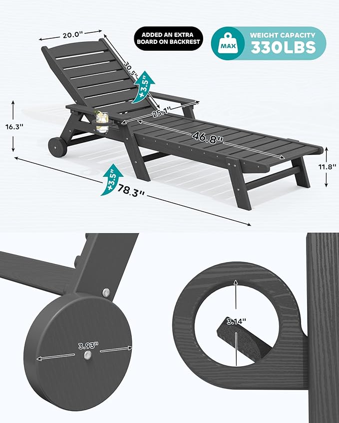 SERWALL Patio Chaise Lounge Chair Set of 2 with 9FT Patio Umbrella, 78'' HDPE Outdoor Lounger, Poly Lounge Chair with Rolling Wheels & Cup Holder for Pool,Slate Gray (Umbreall Base not Included)