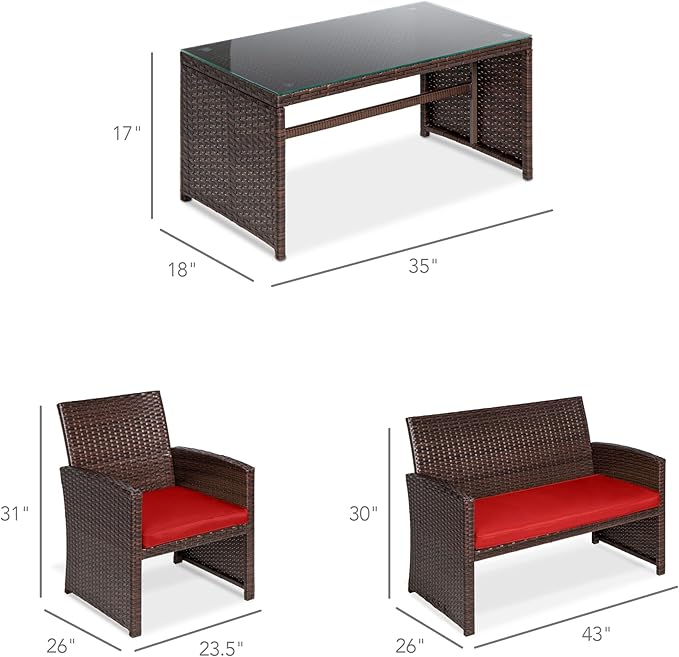 Best Choice Products 4-Piece Outdoor Wicker Patio Conversation Furniture Set for Backyard w/Coffee Table, Seat Cushions - Brown/Red