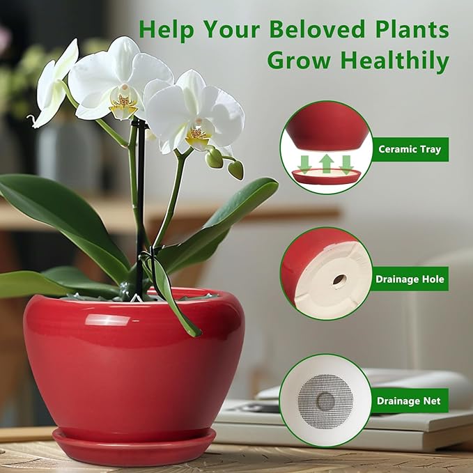 10 Inch Plant Pot - Ceramic Planter for Indoor Outdoor Plants, Glaze Modern Round Planter with Drainage Hole and Saucer, Gifts for Plant Lovers, Home Room Garden Decor, Red