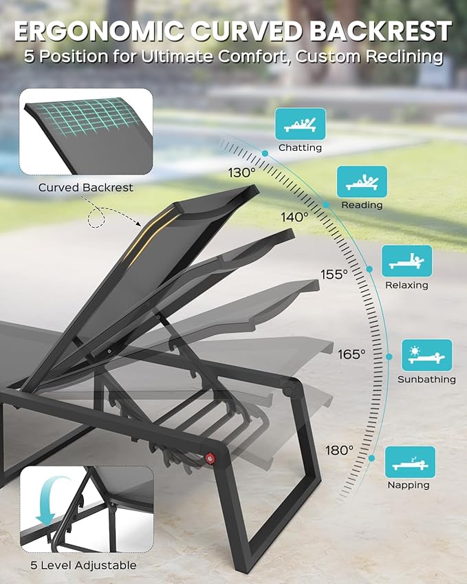 Aluminum Chaise Lounge Chair Outdoor, Foldable & No Assembly Pool Lounge Chairs 5-Position Recliner for Outside Poolside, Fully Grounded Legs Patio Sun Lounger for Pool, Beach, Yard, Dark Grey