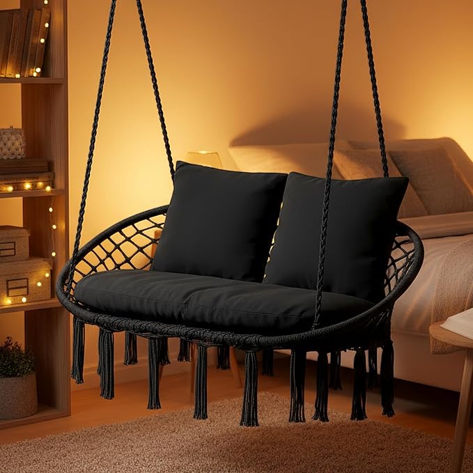 MoNiBloom 2 Seat Hammock Chair Hanging Macrame Swing 3 Cushions Included, Indoor/Outdoor Boho Chair for Adults, Max 700 lbs Capacity Patio Hanging Chair Porch Hammock Chair Hanging Rope Swing, Black