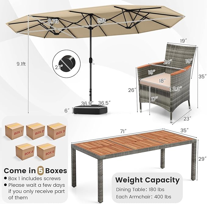 Tangkula 10 Pieces Patio Wicker Dining Set w/Double-Sided Patio Umbrella, Outdoor Acacia Wood Furniture Set w/ 8 Armchairs, 71” Dining Table & 15 ft Umbrella with Weighted Base (Beige)