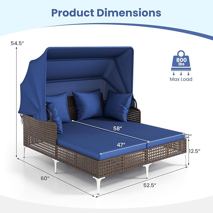 Tangkula Outdoor Rattan Daybed with Retractable Canopy, Boho Patio Wicker Sunbed with Metal Support, Pillows & Cushions, Outdoor Double Chaise Lounge with Shade for Backyard, Poolside, Deck & Balcony
