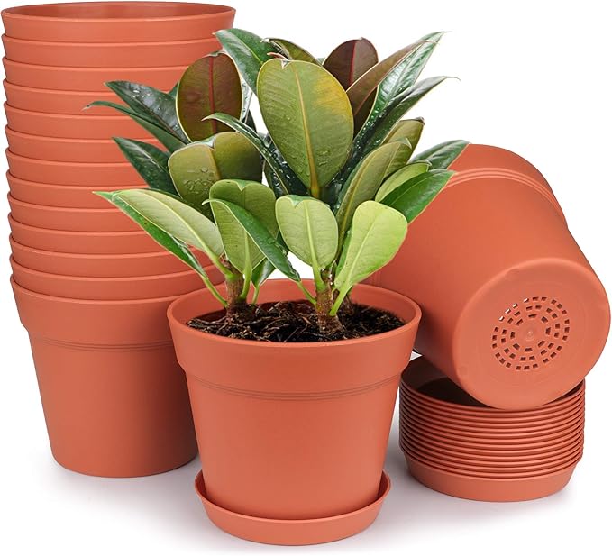 homenote Pots for Plants, 15 Pack 6 Inch Plastic Planters with Multiple Drainage Holes and Tray - Plant Pots for All Home Garden Flowers Succulents