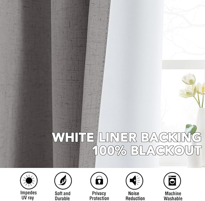H.VERSAILTEX Linen Curtains 100% Blackout Curtains for Bedroom 102 inch Long Full Light Blocking Nature Linen Blended Window Curtains for Living Room Nickel Grommet (2 Panels, Heathered Dove)