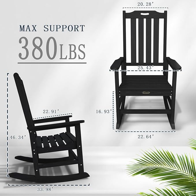 Oversized Rocking Chair Set of 2, Outdoor Rocking Chair for Adults, All Weather Resistant Porch Rocker for Lawn Garden, Black