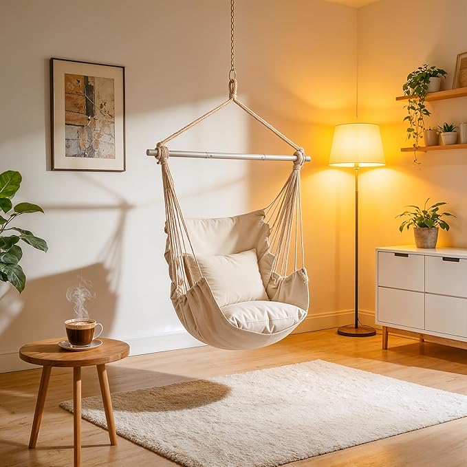 Athena Collection Hammock Chair Hanging Rope Swing Chair with 2 Cushions, Max 350 Lbs, Hanging Macrame Chair with Anti-Slip Grooves Spreader Bar and Pocket for Outdoor Indoor Patio Yard, Beige