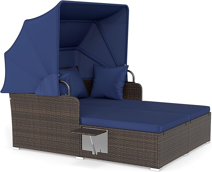 ORALNER Outdoor Daybed, 2-Person Wicker Patio Sofa with Retractable Canopy, Cushions & Pillows, 2 Side Trays, PE Rattan Double Sunbed for Deck Poolside Garden Balcony Backyard (Navy, Mix Brown)