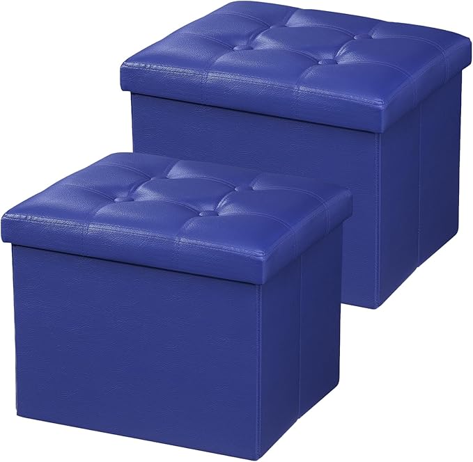 AmasSmile Storage Ottoman Foot Rest Stool, 17 inch Folding Leather Footstool Bench, Short Ottoman Stool, Blue Storage Foot Rest Store, Books