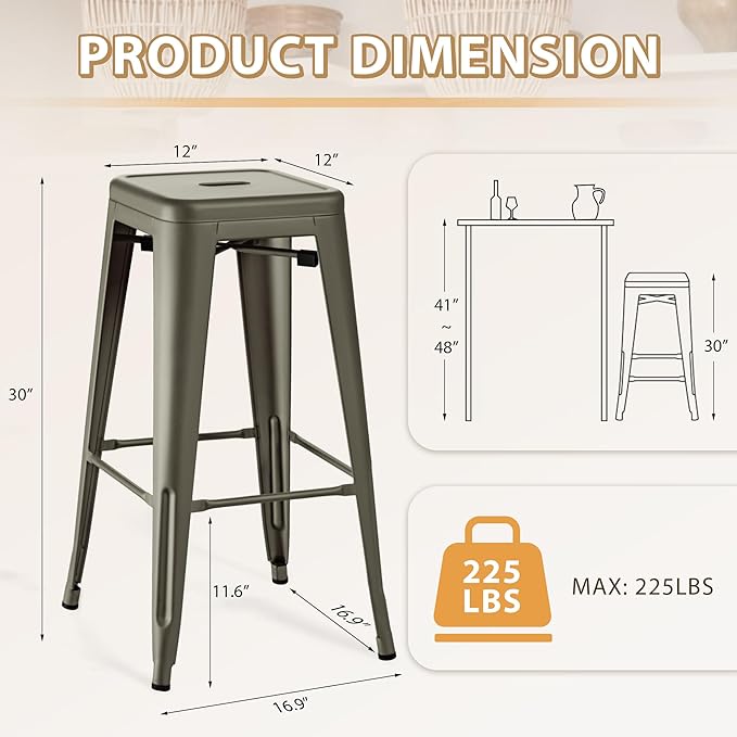Furmax 30 Inch Metal Bar Stools Set of 4, Counter Height Backless Stools, Industrial Bar Chairs Patio Stool Stackable Backless Stool for Kitchen/Dining Room/Bistro/Patio Indoor Outdoor (Gun)