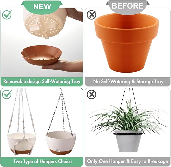 montresor Set of 2-8 Inch Hanging Planters for Indoor Plants with Self-Watering Includes Hanging Pots for Plants, Outdoor Plant Pot with Drainage, and 2 Types of Hanging Baskets Hangers (White)