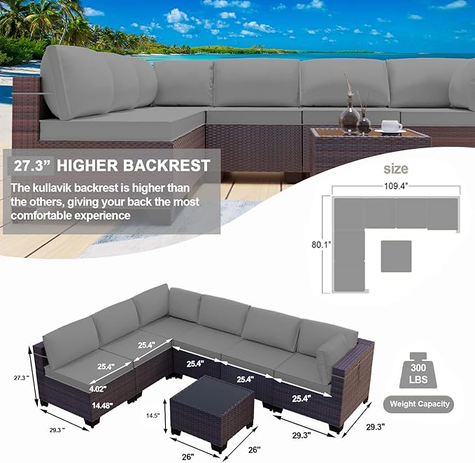 Kullavik 7 Pieces Outdoor Patio Furniture Set,Sectional Rattan Sofa Set Brown PE Rattan Wicker Patio Conversation Set with Tempered Glass Coffee Table and Washable Cushions Covers,Grey