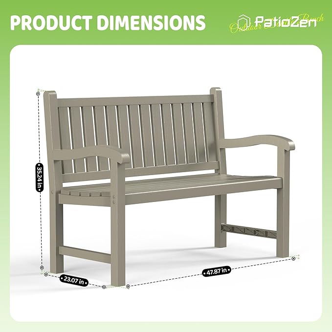 Outdoor Bench, Waterproof & Weatherproof Garden Bench with Ergonomic Design, 2-Person Resin Bench for Porch, Deck, Patio, Outdoor, Garden & Park(Grey)
