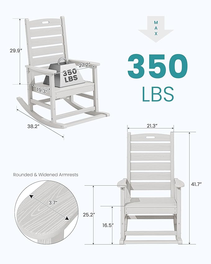 SERWALL HDPE Outdoor Rocking Chair, Oversized Rocking Chair with Footboard, High Back Porch Rocker Chair with 350lbs Support, White