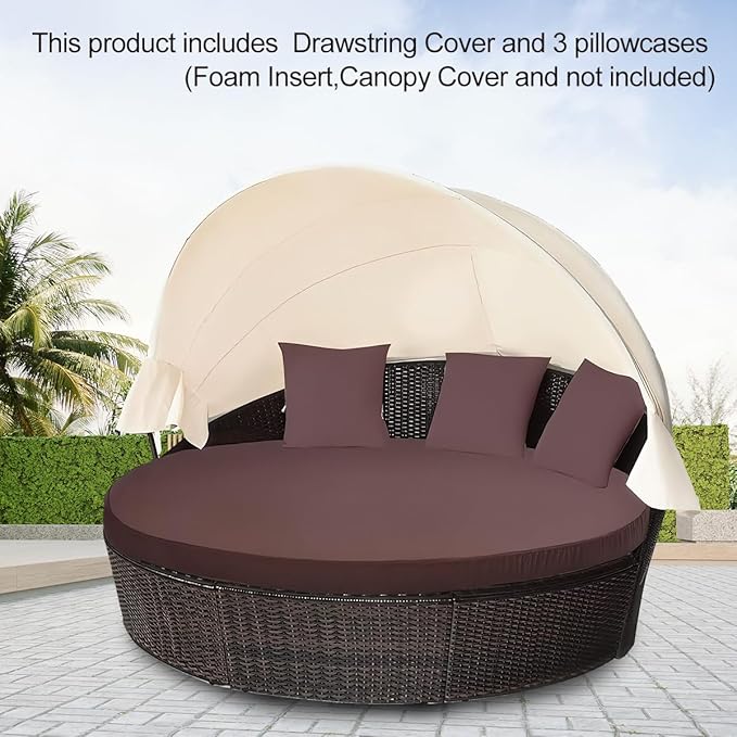 MICTONY Outdoor Daybed Cushion Cover, 66" Replacement Daybed Cover with Elastic Band, Sun Bed Cushion Cover, Outdoor Round Bed Cushion, Cover ONLY (Daybed NOT Included), Brown