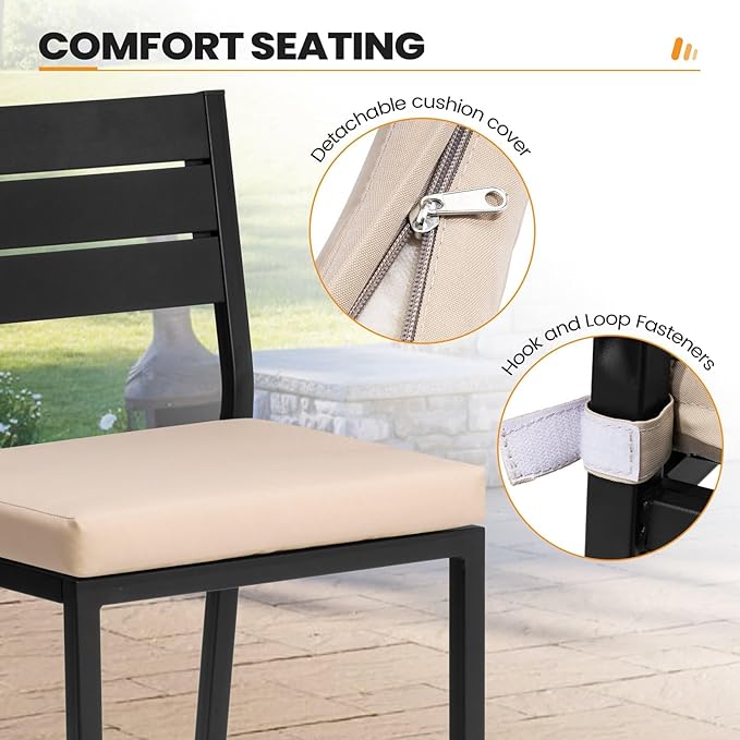 Crestlive Products Outdoor Bar Table and Chairs Set, 3 Piece Outside Patio Bar Set with 55" Long Bar Table and 2 Bar Stools for Balcony, Bistro, Garden, Backyard(Black Desktop and Beige Cushion)