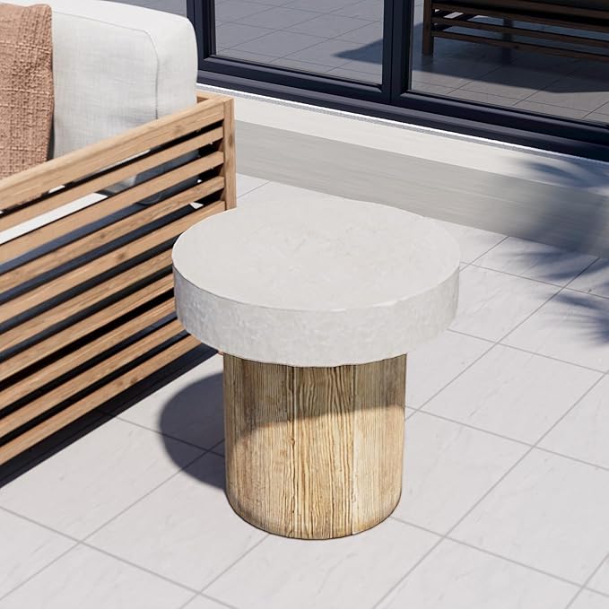 COSIEST Outdoor Medium Side Table, Patio Coffee Table, 19.7 inches Round MgO End Patio Stool with Faux Wooden Pedestal Base, Garden, Backyard, Antique Beige