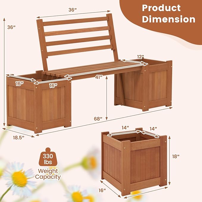 Giantex 2-in-1 Outdoor Bench with Backrest & 2 Raised Garden Beds, Wood with Teak Oil Finish, Planter Boxes with Open-Ended Base, Garden Bench Seat for Porch Balcony Lawn Yard, DIY Assembly