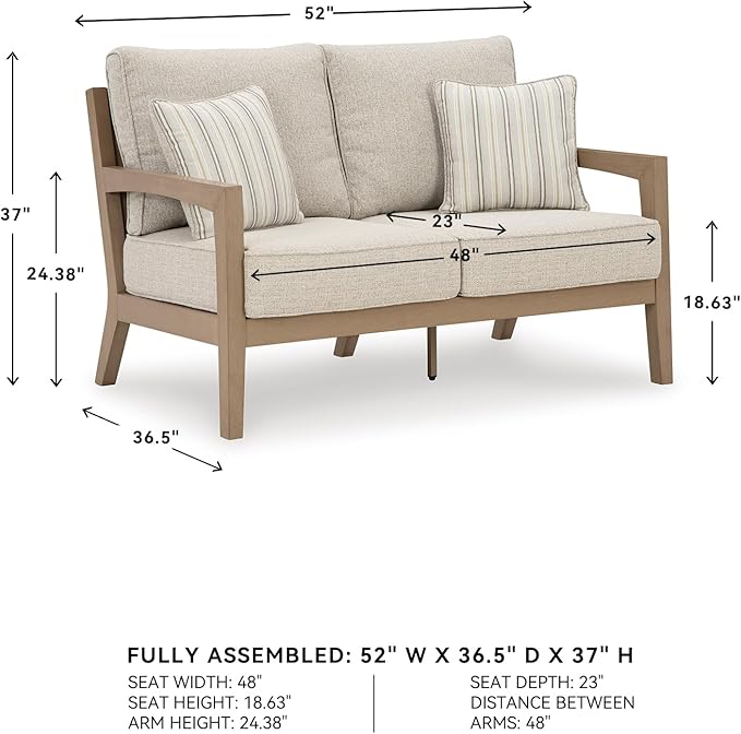 Signature Design by Ashley Hallow Creek Cottage Nuvella Weather Resistant Fabric Outdoor Loveseat with Cushion and 2 Throw Pillows, Light Brown & Beige