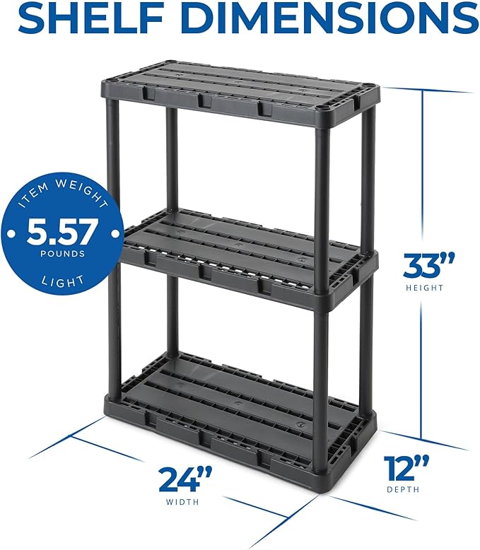 Gracious Living 3 Shelf Knect-A-Shelf Solid Light Duty Storage Unit 12 x 24 x 33" Organizer for Home, Garage, Basement & Laundry, Black