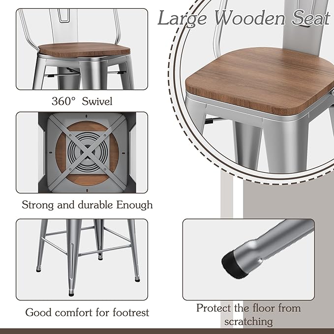Alunaune 26" Swivel Metal Bar Stools Set of 4 High Back Counter Height Barstools Kitchen Dining Bar Chairs Industrial with Large Wooden Seat-Silver