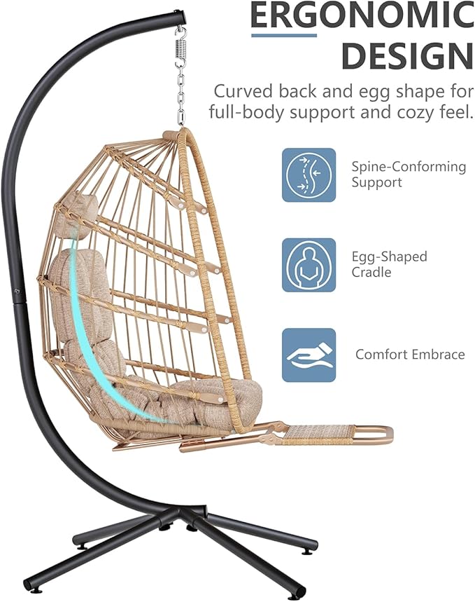 SWITTE Egg Chair Outdoor with Footrest & Stand, Indoor Wicker Hanging Egg Swing Chair with Cushion for Patio, Bedroom, Garden - Cream