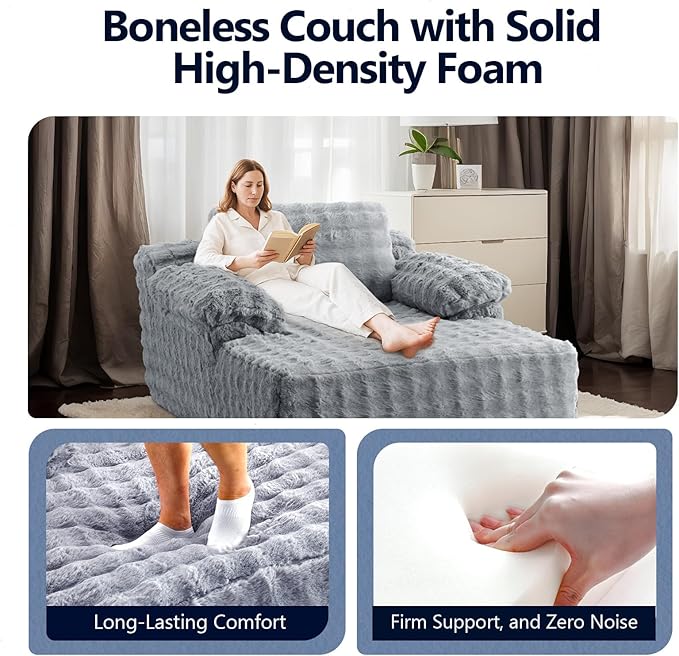 VINGLI 67.7" Oversized Chaise Lounge Chair Indoor Reading Chairs Comfy Bubble Fleece Upholstered Boneless Sofa Bed Sleeper Sofa Cloud Couches for Living Room, Bedroom, Play Room (Light Grey)