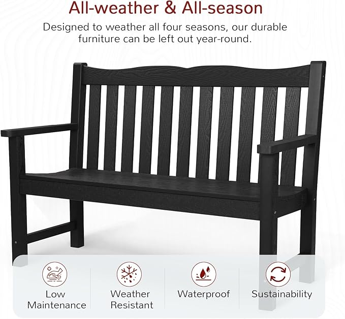 Stoog 4-Piece Patio Furniture Set, All-Weather Outdoor Dining Set, Include 1 Outdoor Bench, 2 Outdoor Chairs and 1 Coffee Table, Black