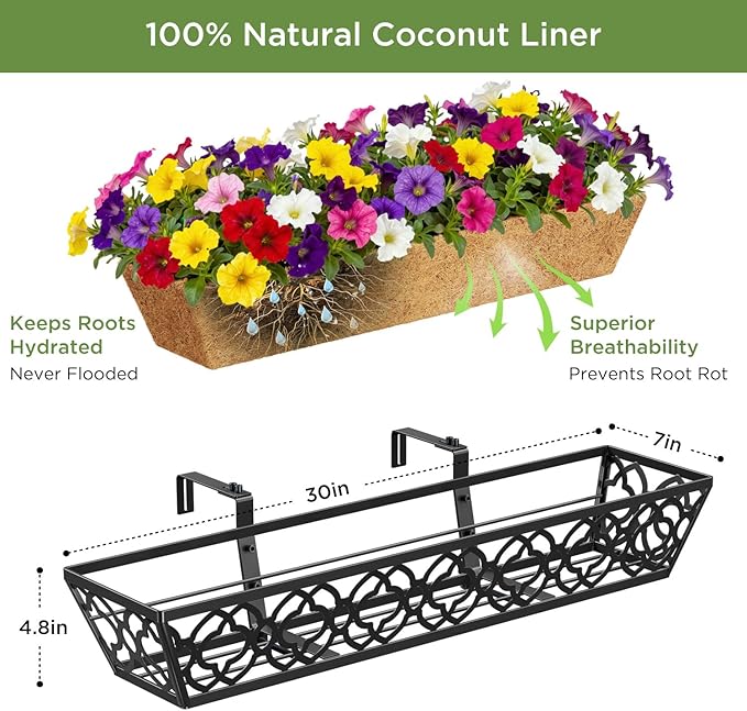 Y&M 30 inch Window Planter Box 4Pcs Iron Window Deck Railing Planter with Coco Liner, Metal Horse Troughs Fence Planter for Outdoor Balcony Rail Fence Porch Patio