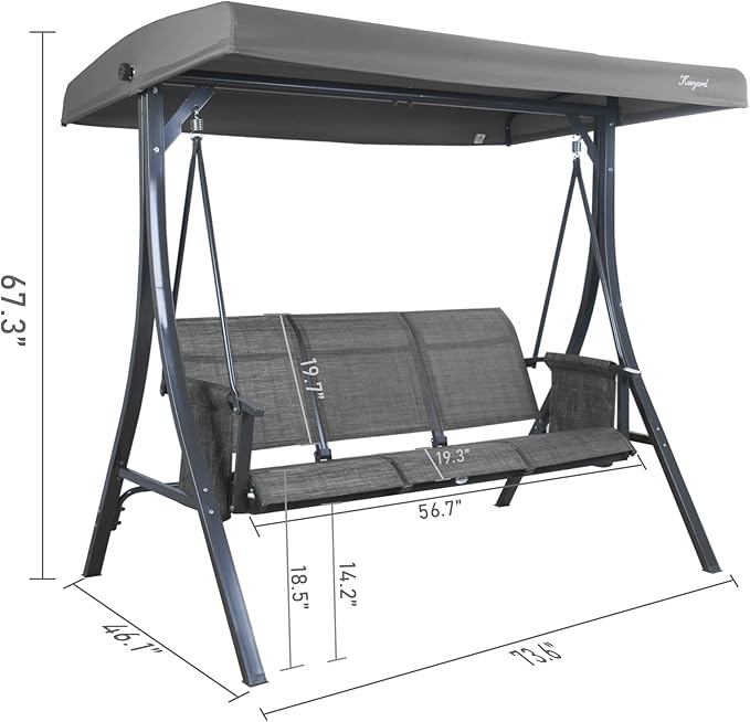Kozyard Brenda 3-Seat Outdoor Porch Swing Glider, Patio Swing with Adjustable Canopy, Steel Frame, Breathable Textilene Seat & Back, Side Pockets (Gray)