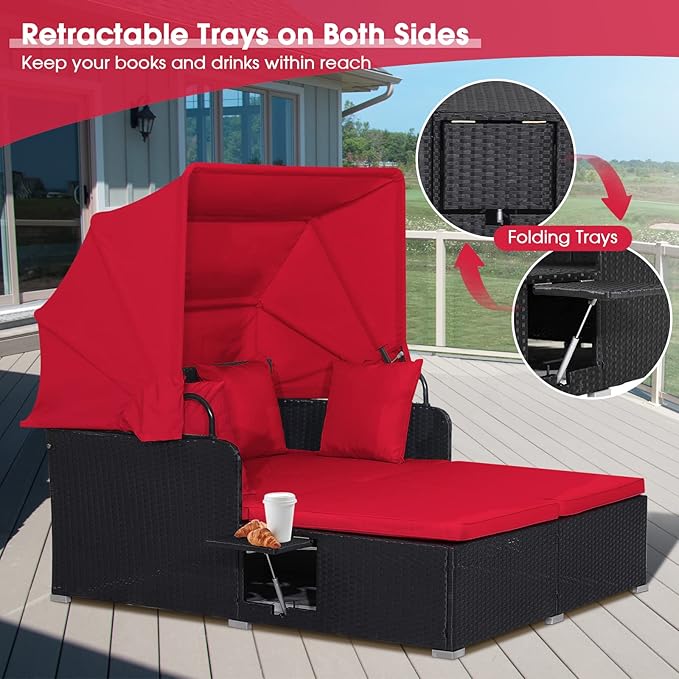 RELAX4LIFE Patio Outdoor Daybed with Canopy, Wicker Sunbed w/Cushions, 4 Pillows & 2 Retractable Side Trays, 2-Person Lounge Bed Conversation for Poolside Porch Garden, Rattan Outdoor Bed (Red)