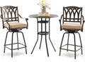 3 Piece Swivel Outdoor Table and Chairs Bar Set , All-Weather Cast Aluminum Outdoor High Top Patio Bar Set Bistro Set, High Swivel Stools with Cushions Umberlla Hole for Balcony, Poolside,Garden,Lawn