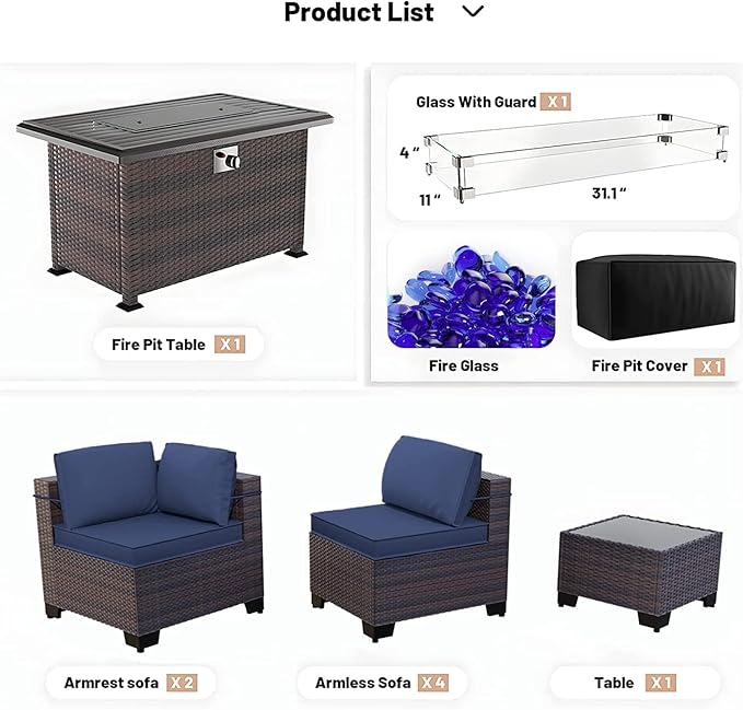 Kullavik 8 Pieces Outdoor Patio Furniture Set,Sectional Sofa Set with 43" 55000 BTU Gas Propane Fire Pit Table,Brown PE Rattan Wicker Patio Conversation Set,Navy Blue