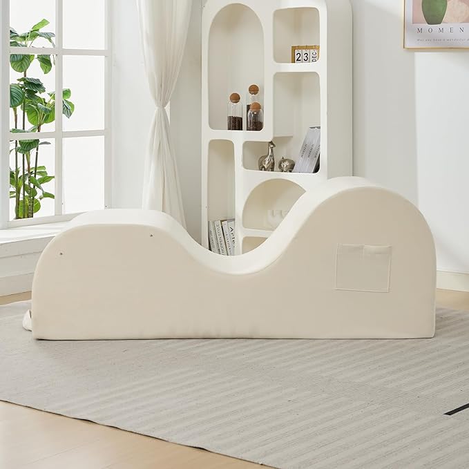 ijuicy Sleek Chaise Lounge Chair for Yoga/Exercise, Indoor Lounger with Headrest, Waist Cushion, Movable Footrest, Side Pockets, Non-Slip Bottom - High Density Sponge, Beige