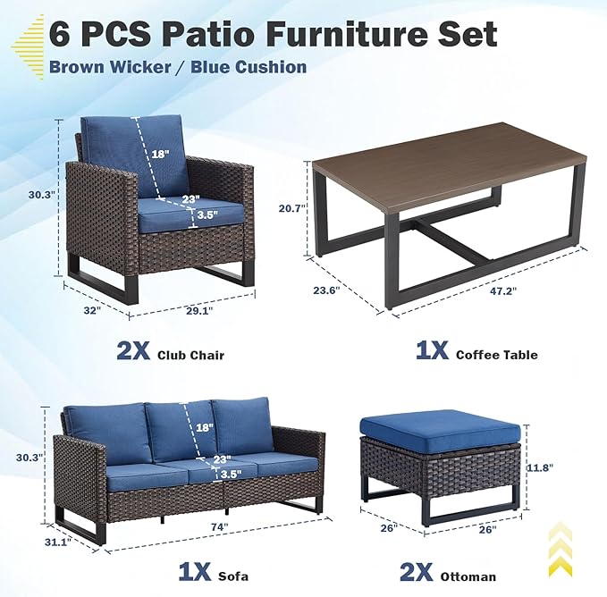 Belord 6 Piece Outdoor Furniture Patio Wicker Sofa Set, Oversize Outdoor Dining Chairs with Rattan Ottomans, Conversation Sets Patio Furniture Come with Removable Washable Cushion Blue, Brown