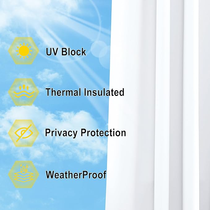 NICETOWN 2 Panels Weighted Blackout Outdoor Curtains for Patio Waterproof, Grommet & Back Tab on top and Bottom Windproof Privacy Thermal Drapes for Cabana with Fixed Rope, W52 x L95, Pure White
