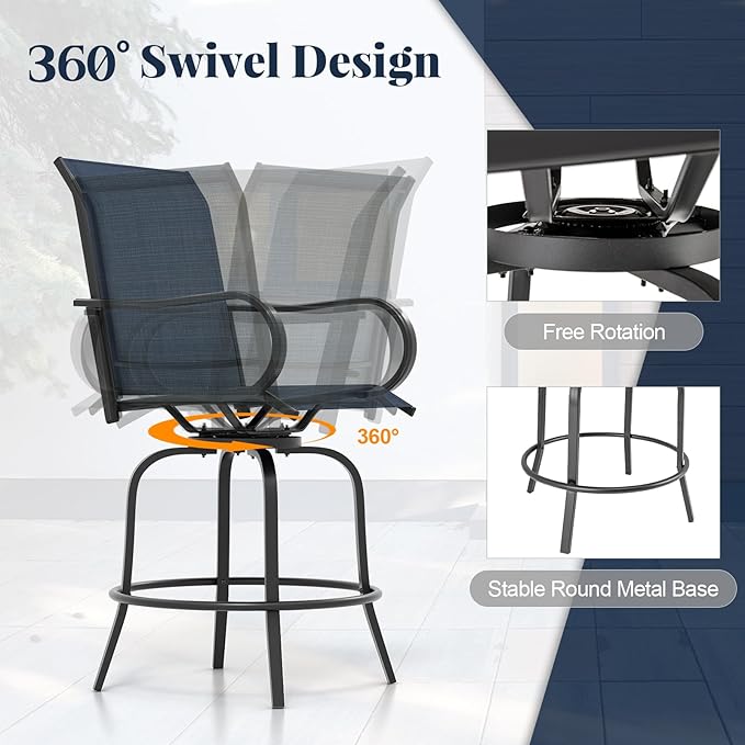 Giantex Set of 4 Swivel Outdoor Bar Stools, All-Weather Bar Height Patio Chairs, 330LBS Capacity, 360 Rotating Outside Bar Chairs with High Back Armrests, for Porch Yard Lawn Garden Pool (Navy)