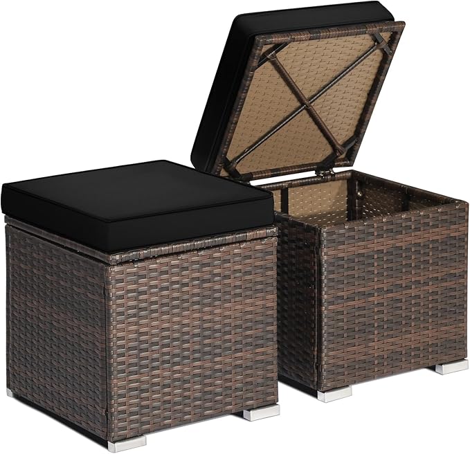 RELAX4LIFE Wicker Outdoor Storage Ottoman, 2-Piece Rattan Footstool w/Removable Cushion, Multipurpose Footrest Stool Side Table Additional Seating, Set of 2 Outdoor Ottomans for Patio Deck (Black)