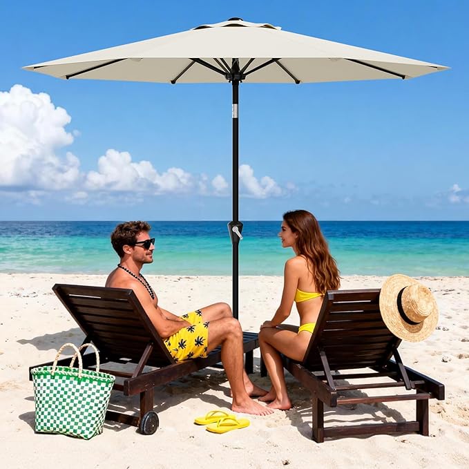 Garvee 9FT Patio Umbrella - Outdoor Table Umbrella with Smooth Crank Lift, Push Button Tilt and 8 Sturdy Ribs - Market Umbrella UV Protection Waterproof for Pool, Deck, Yard, Garden -Beige