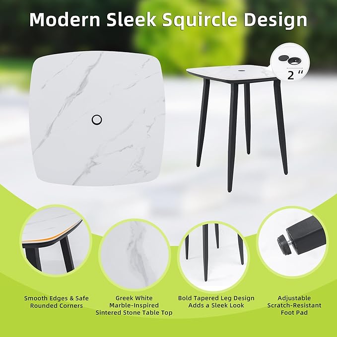 Modern 35.4'' Rounded Square Outdoor Bar Table, Greek White Marble-Inspired Sintered Stone Top, Umbrella Hole, Rust-Free Aluminum Frame, Ember Black, Weatherproof Table for Garden, Poolside