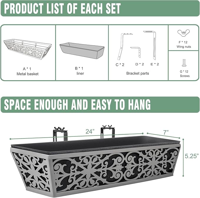 6 Pack 24 Inch Window Boxes Planter for Outdoor Plants Deck Railing Planters Box with Adjustable Brackets for Porch Fence Balcony Hanging Flower Baskets with Non-Woven Fabric Liner for Garden Decor