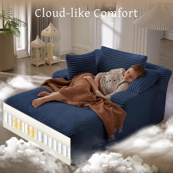 66" Chaise Lounge Chair Indoor, Oversized Boneless Couch Comfy Upholstered Sleeper Sofa Bed with 3 Pillows, Corduroy Cloud Reading Chair for Living Room No Assembly Required, Blue