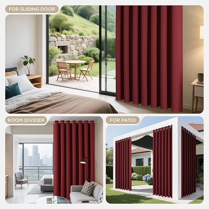 Joydeco Blackout Patio Sliding Door Curtains 108 Inches Long, Grommet Privacy Room Divider Curtains, Extra Wide Thermal Blackout Drapes for Bedroom Living Room (Burgundy Red, 70Wx108L, 1 Panel)