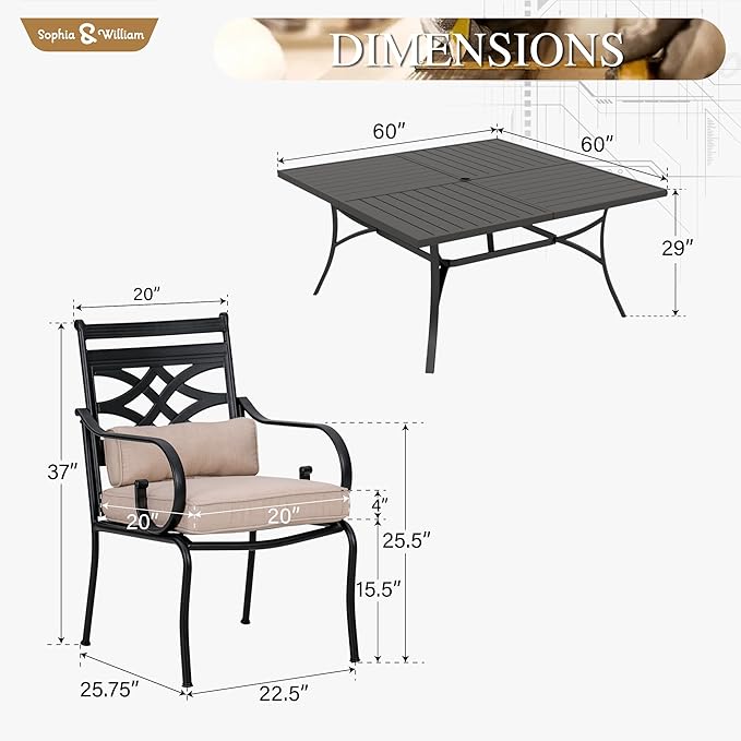 Sophia and William Outdoor Patio Dining Set for 8, Outdoor Table and Chairs, Removable Seat Cushions, 60" Square Black Patio Dining Table