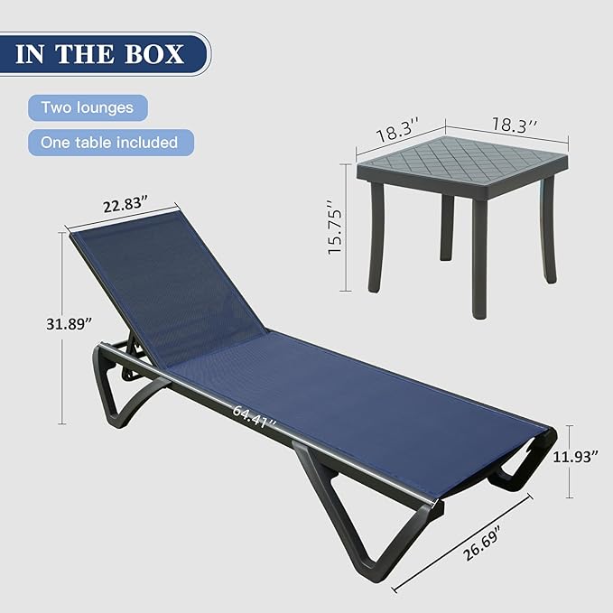 Domi Pool Lounge Chairs Set of 2 with Side Table, Aluminum Adjustable Outdoor Chaise Lounge with Wheels, All Weather Poolside Chairs for Deck Lawn Patio Backyard, Textilene- Navy Blue