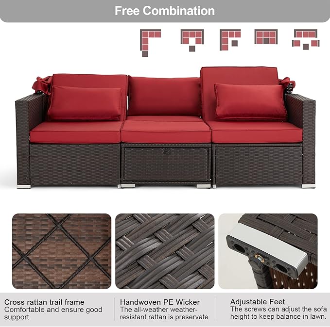 Vicluke 6 Pieces Patio Conversation Sets, Rectangle Wicker Daybed with Canopy, Adjustable Backrest, Storable Tea Table, Outdoor Sunbed for Backyard Garden Poolside(Wine Red)